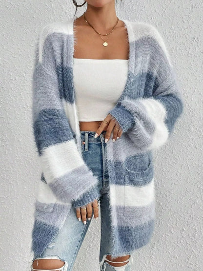 Striped Fuzzy Knit Open Front Cardigan