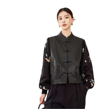 New Chinese Style Stitching Leather Coat Women&