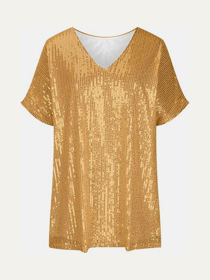 Full Size Sequin V-Neck Short Sleeve Top for Women