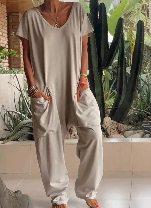 Oversized V-neck Pocket Jumpsuit