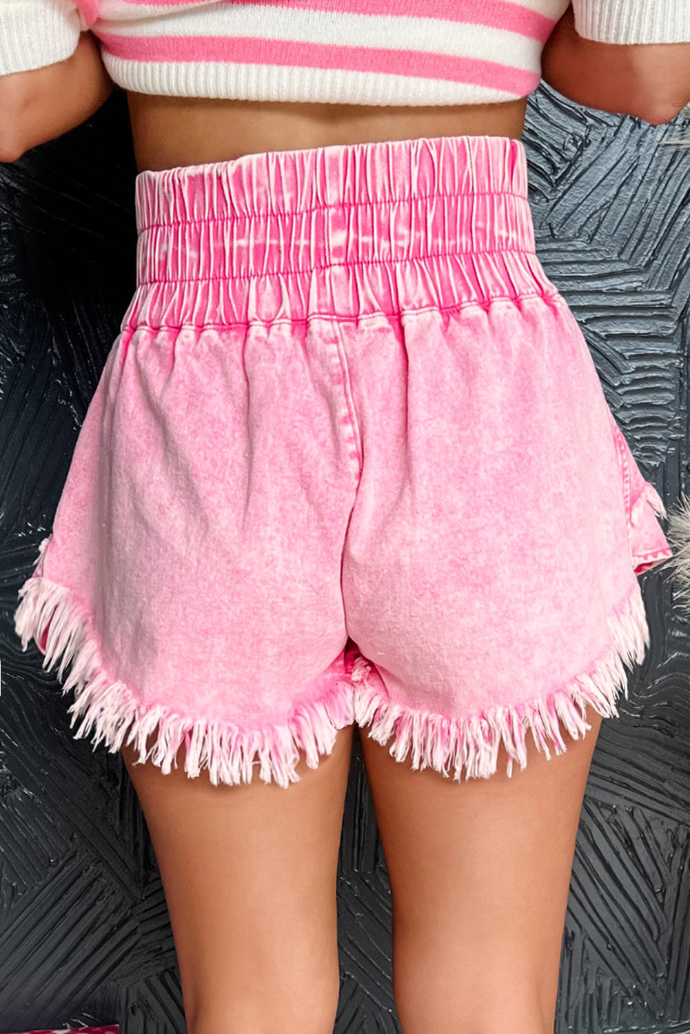 Washed Wide Smocked Waistband Frayed Denim Shorts