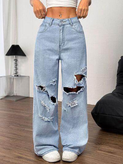 Distressed Wide Leg Jeans with Pockets for Women