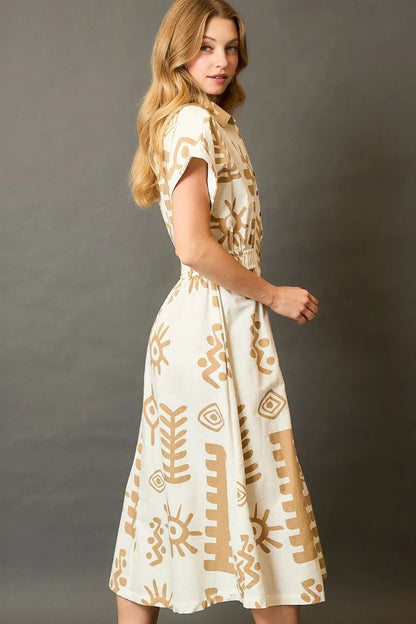 Umgee Full Size Abstract Print Elastic Waist Midi Dress Plus Size