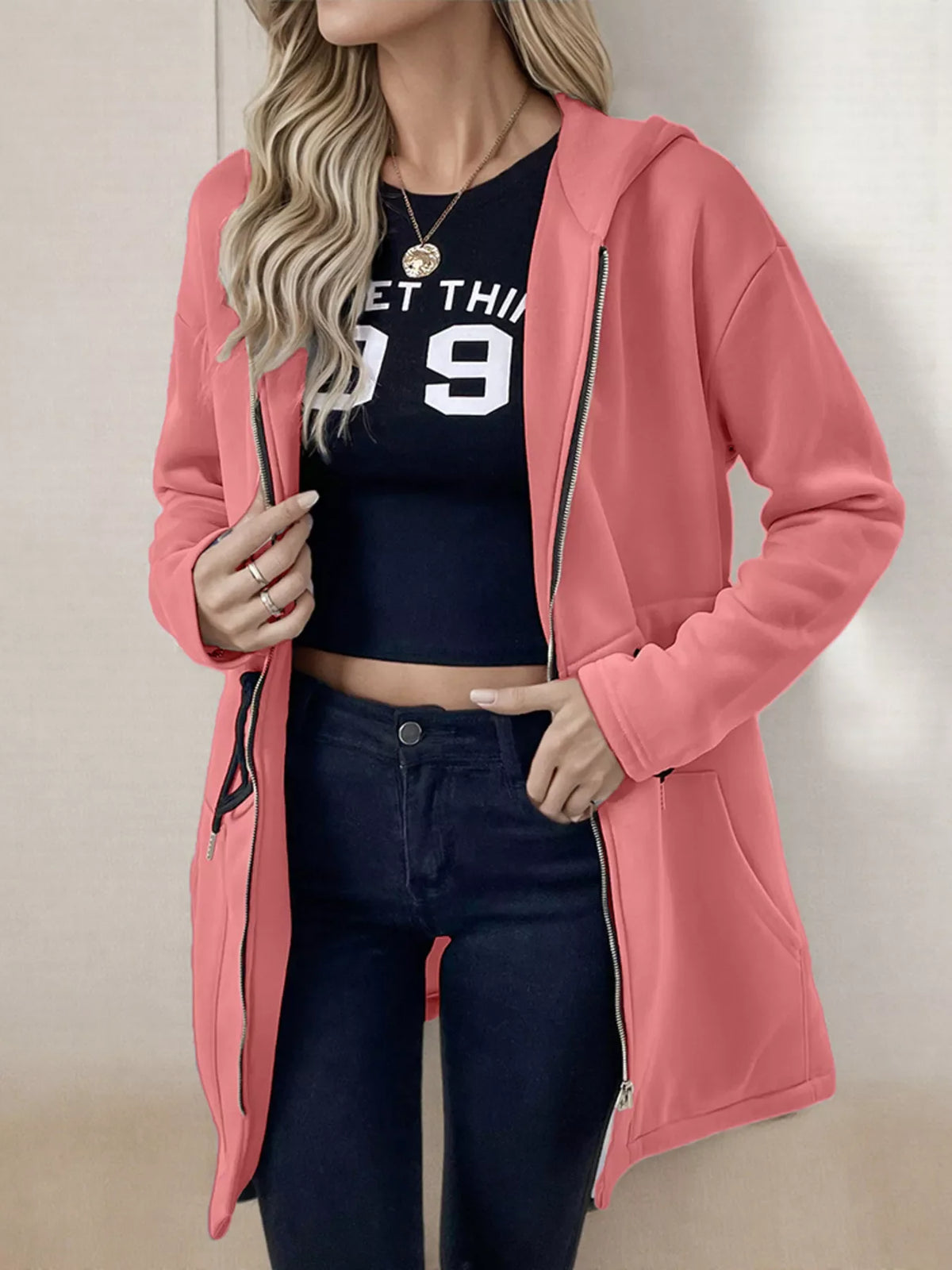 Drawstring Zip Up Hooded Outerwear