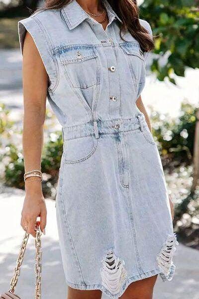 Distressed Half Button Cap Sleeve Denim Dress for Women