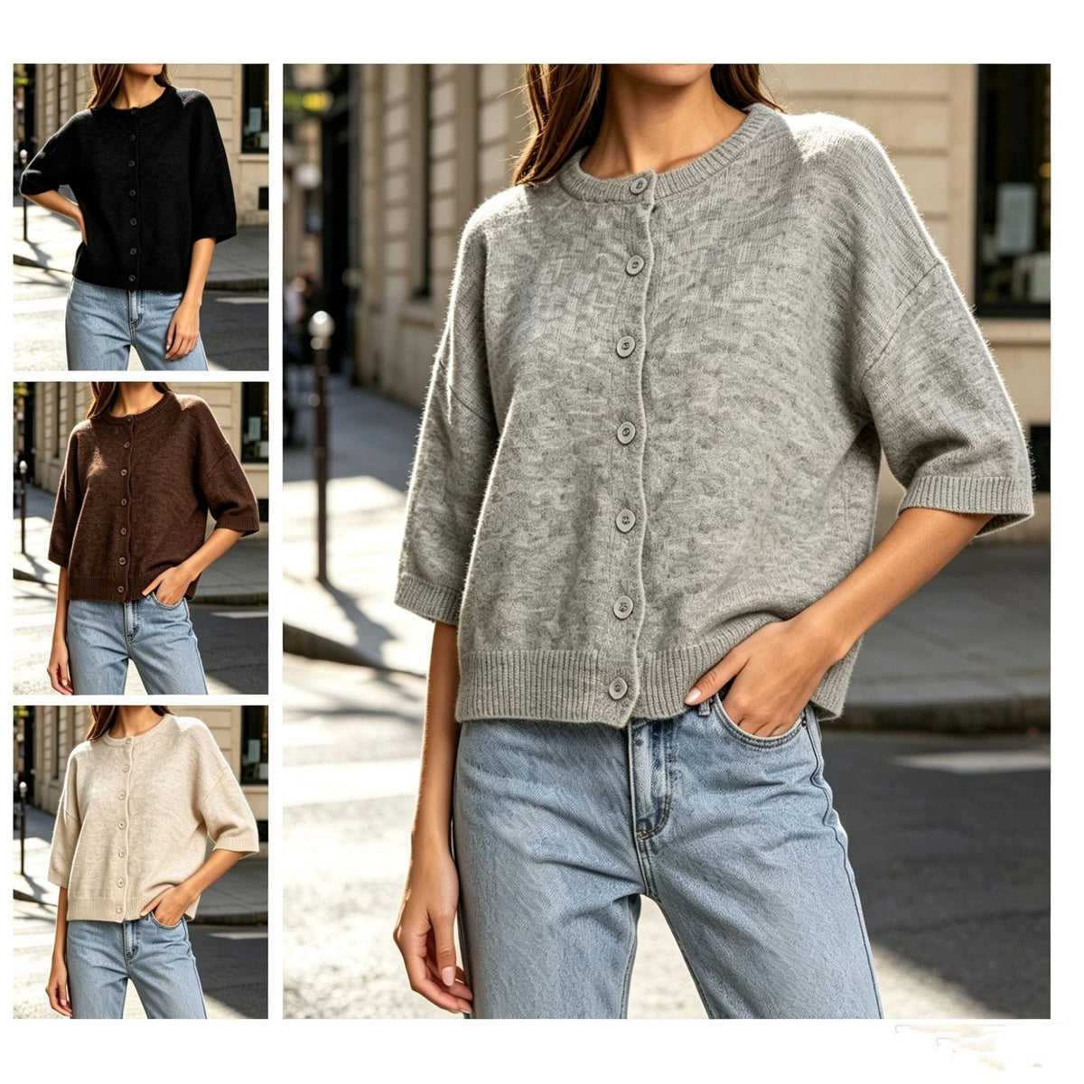 2026 Autumn Cross Border Round Neck Mid Sleeve Knitted Wool Cardigan Women&