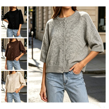 2026 Autumn Cross Border Round Neck Mid Sleeve Knitted Wool Cardigan Women&