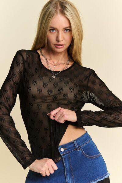 Davi &amp; Dani Bow Mesh Round Neck Long Sleeve Top for Women