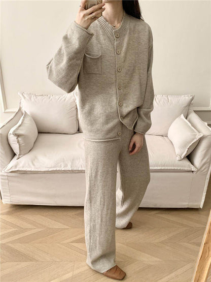 Pocketed Round Neck Button Up Cardigan and Pants Sweater Set
