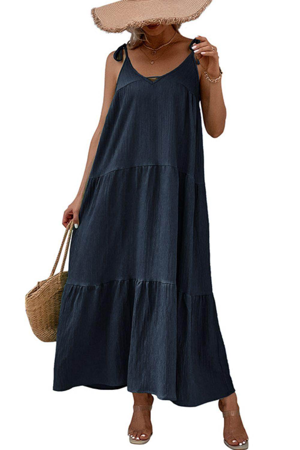 Perfee Tie-Shoulder Tiered Maxi Dress for Vacation Wear