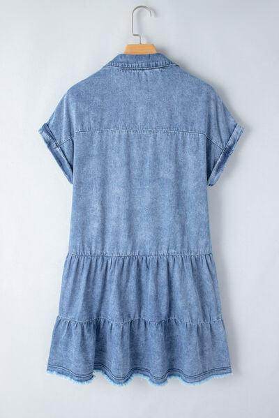 Raw Hem Collared Neck Short Sleeve Denim Dress for Women
