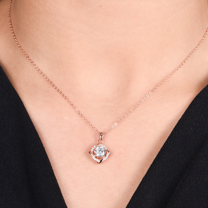 S925 Sterling Silver 1ct D-VVS1 Moissanite Necklace, Twisted Pendant Design, Platinum Plated 40&amp;45cm Chain, GRA Certified Jewelry Gift Box