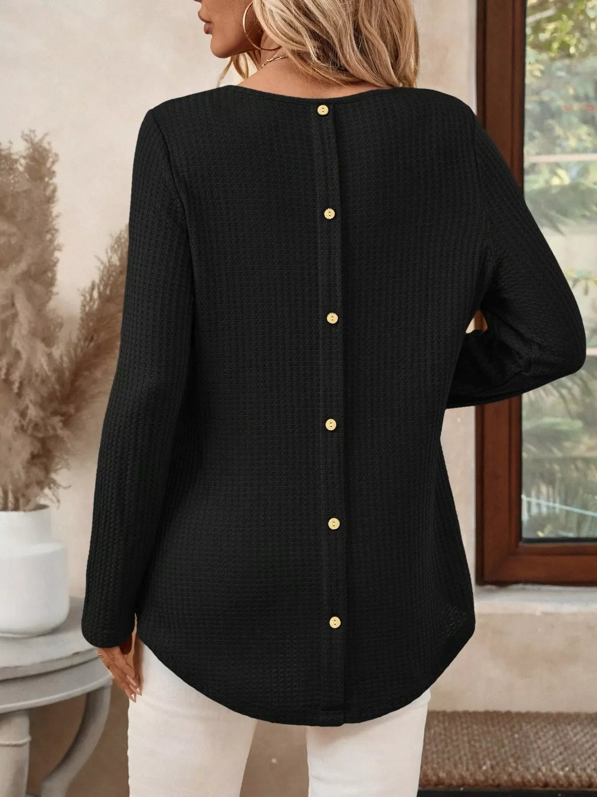 Plus Size Casual Waffle Knit Long Sleeve T-Shirt