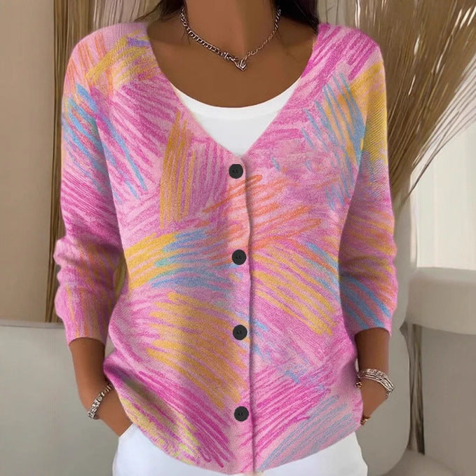 Womens Printed Knitted Sweater With Buttons Printed Cardigan