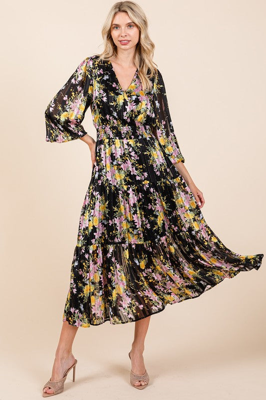 Flower Print Satin Lurex Stripe Smocked Midi Dress For Summer – Elegant and Sparkling Floral Dress with Tiered Design