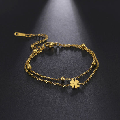 Stainless Steel Cut Clover Charm Double-layer Ankle Bracelet For Women