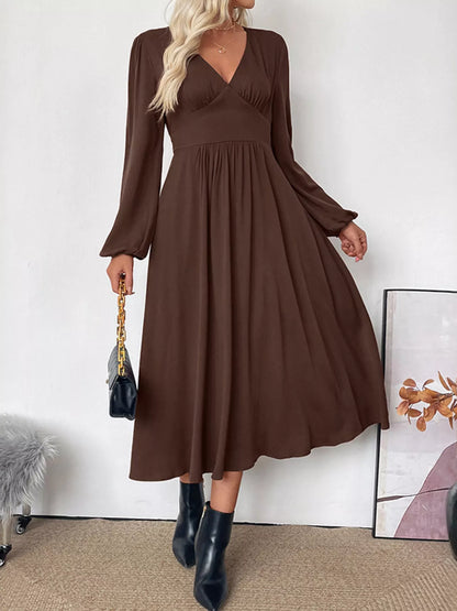 V-Neck Long Sleeve A-Line Midi Dress