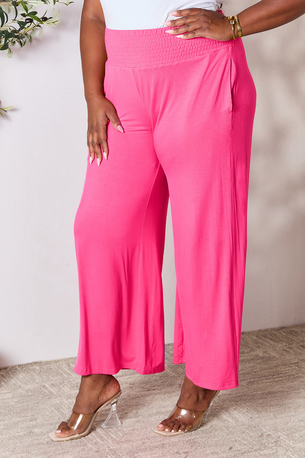 Smocked High-Waist Wide Leg Pants