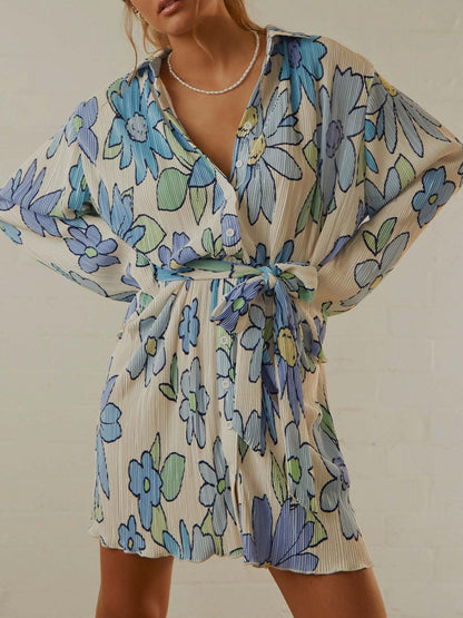 Tied Button-Up Long Sleeve Dress