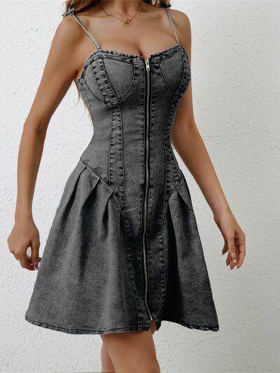 Ruched Zip Up Spaghetti Strap Denim Dress for Women