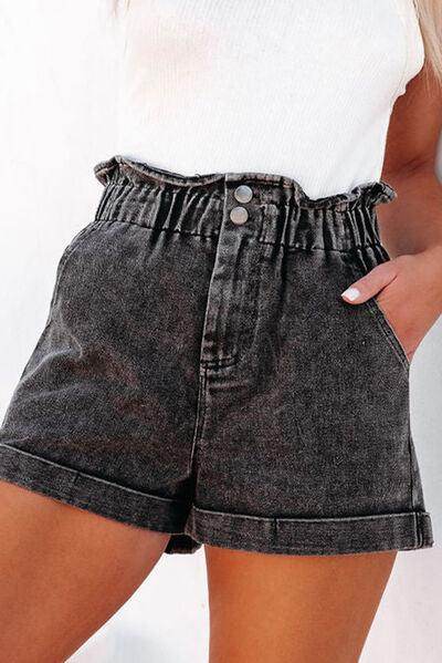 Stylish Paperbag Waist Denim Shorts with Pockets for Women