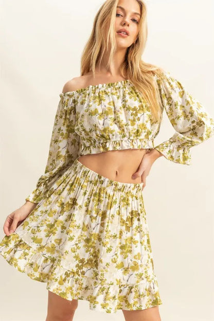 HYFVE Floral Off-Shoulder Flounce Sleeve Top and Skirt Set