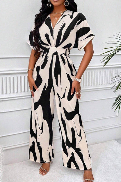 Printed V-Neck Short Sleeve Wide Leg Jumpsuit for Women