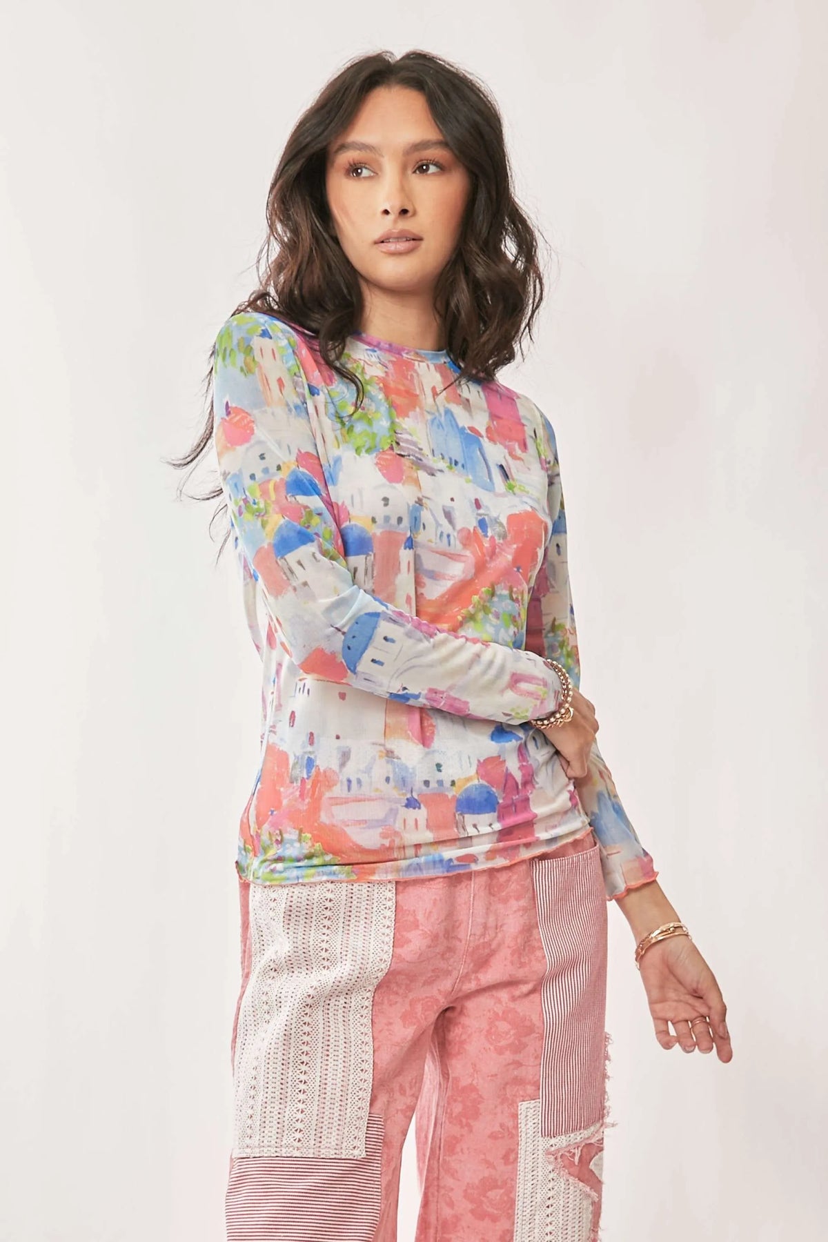 Davi &amp; Dani Multi Printed Mesh Round Neck Long Sleeve Top
