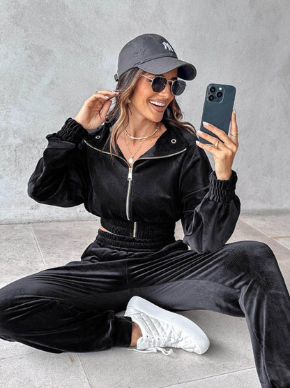Zip Up Long Sleeve Cropped Top and Joggers Set for Women