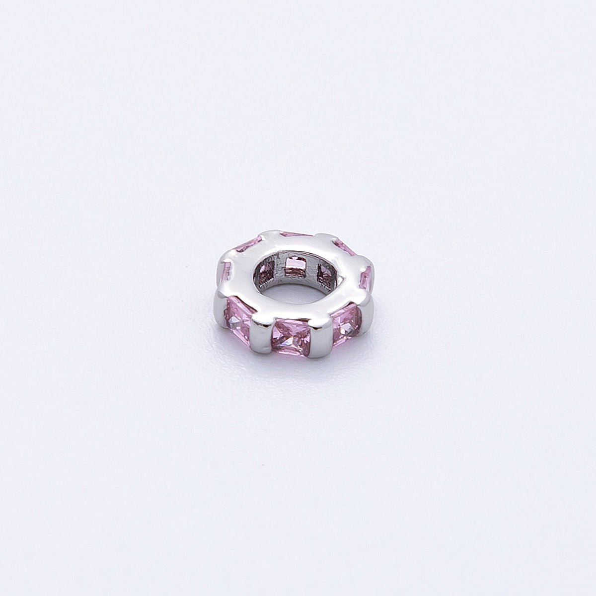 8mm Silver Bead Birthstone Micro Paved Round CZ Rondelle Spacer Charm | Beads-00140 ~ Beads-00151