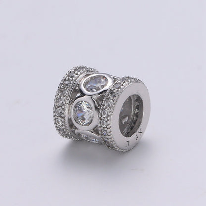 8mm White Gold Filled Micro Pave Spacer Beads Drum Tube Gold Beads with CZ Paved, 4mm Large Hole Gold Spacers for Bracelet Making