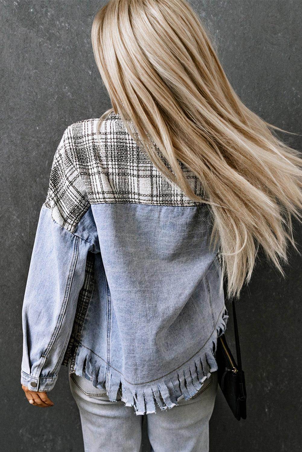 Plaid Pocketed Snap Down Denim Jacket for Stylish Comfort