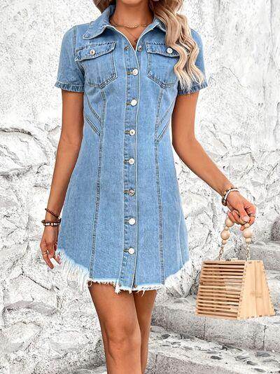 Raw Hem Button Up Short Sleeve Denim Dress for Women