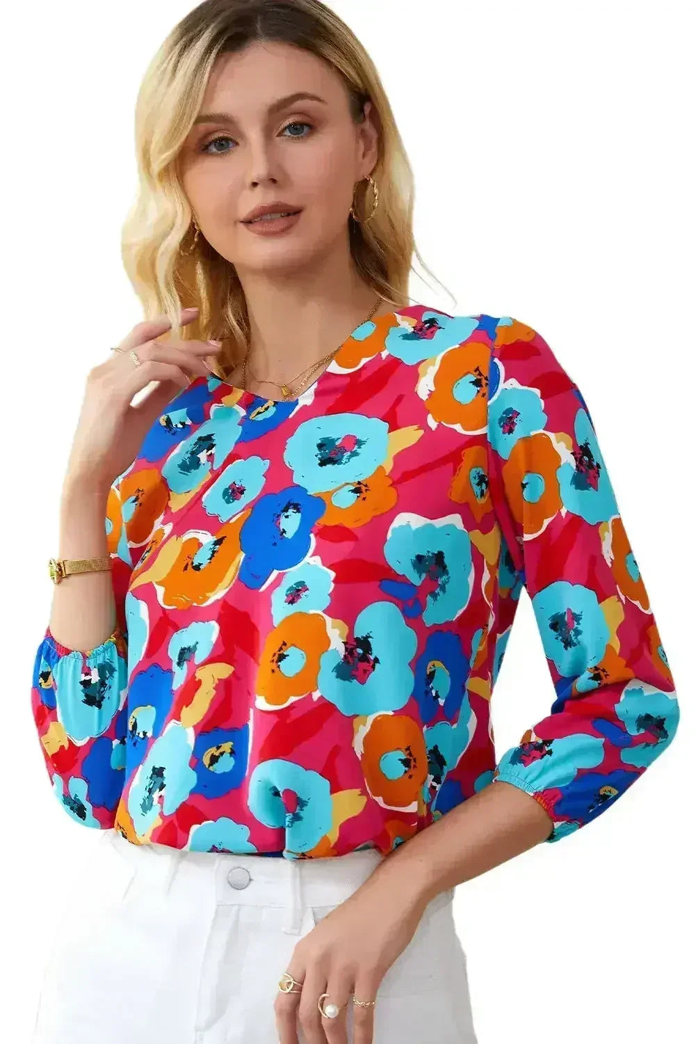 Floral Print V Neck Blouse - 3/4 Sleeve &amp; Non-Stretch | Femstylo