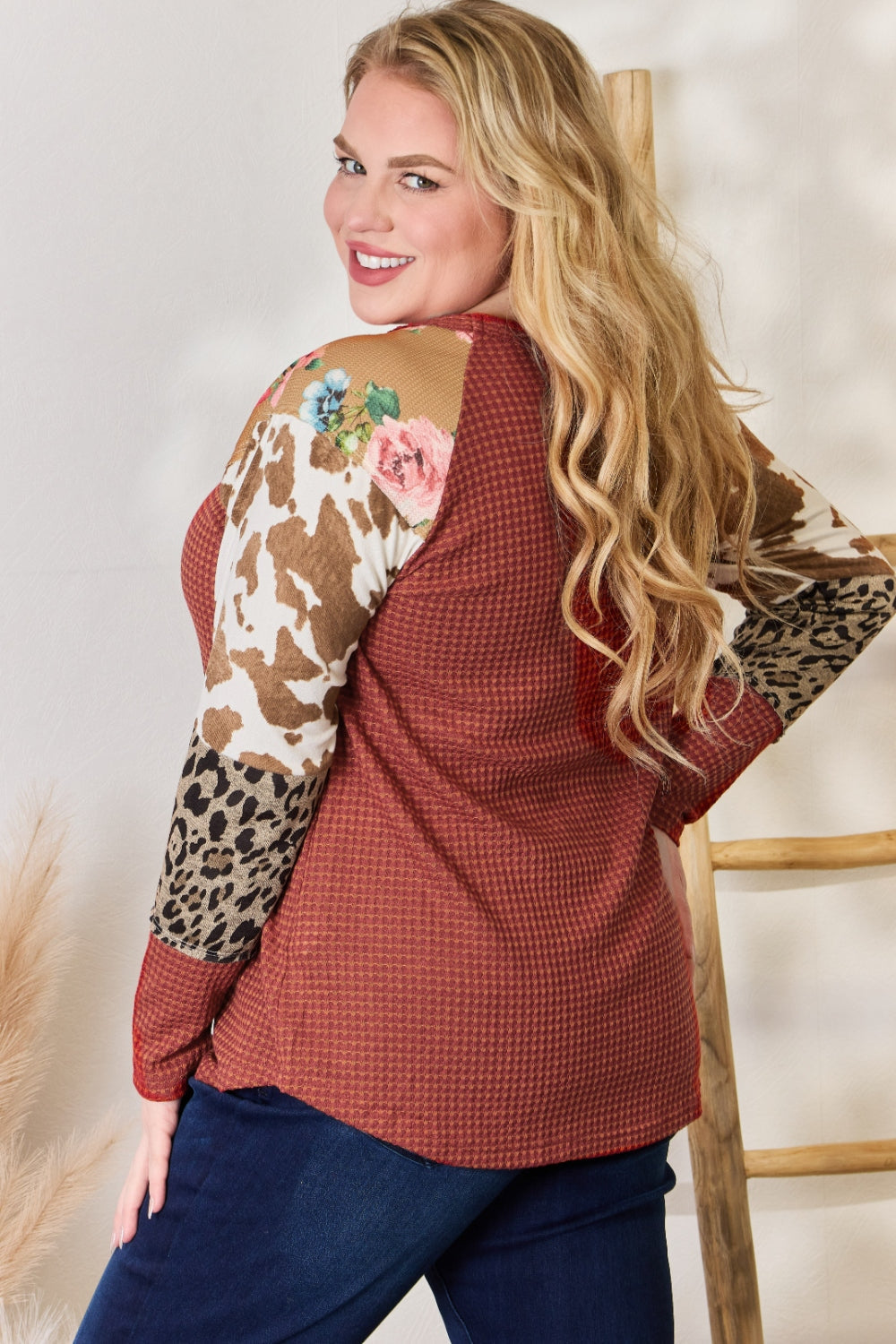 Hailey &amp; Co Full Size Leopard Waffle-Knit Blouse
