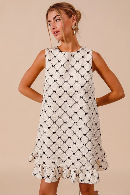 SO ME Texture Bow Printed Mini Ruffle Dress