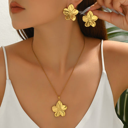 New Arrival Cross-border European American Women Jewelry Set, Geometric Electroplated Metal Floral Design Matching Flower Earrings &amp; Necklace, Versatile Daily Neck Ear Ornaments