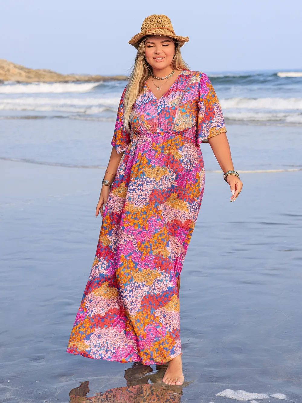 Plus Size Printed V-Neck Half Sleeve Maxi Dress For Women
