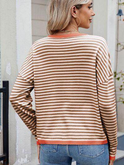 Striped Contrast Round Neck Long Sleeve Sweater for Women