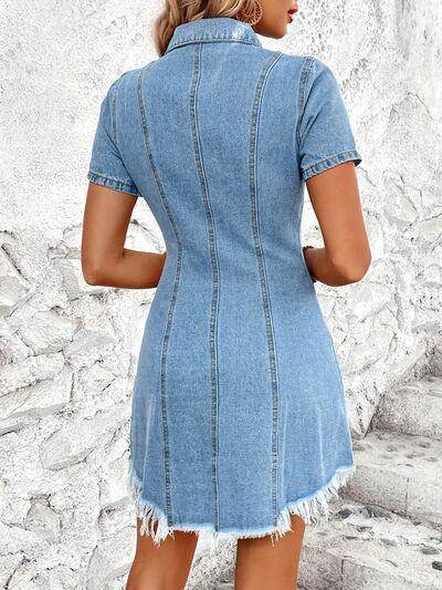 Raw Hem Button Up Short Sleeve Denim Dress for Women