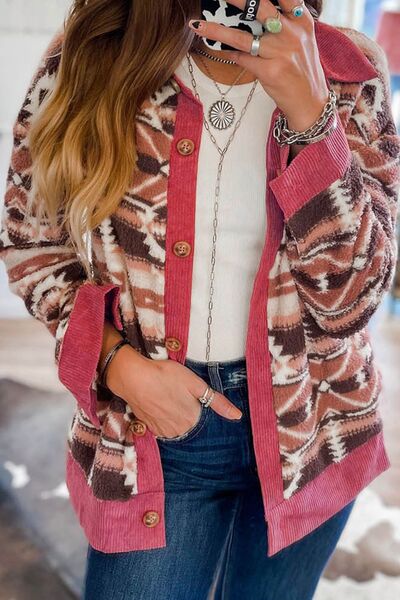Retro Unique Geometric Print Corduroy Trim Button-Up Jacket Classic Modern Deep Rose Jacket