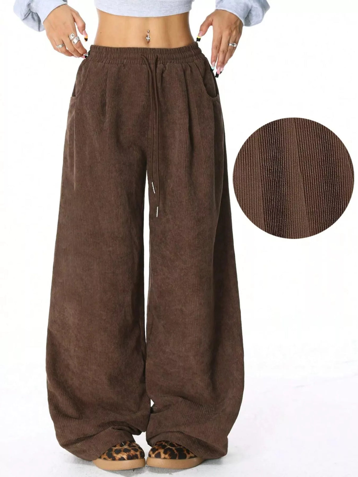 Wide Leg Corduroy Drawstring Pants