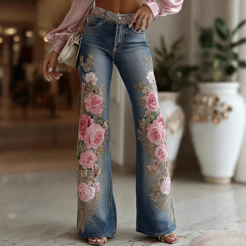 Womens Retro Printed Faux Denim Jeans