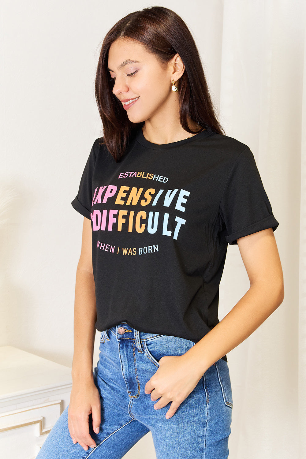 “Expensive &amp; Difficult” Graphic Cuffed Sleeve T-Shirt