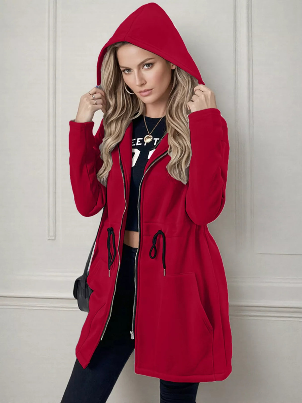 Drawstring Zip Up Hooded Outerwear