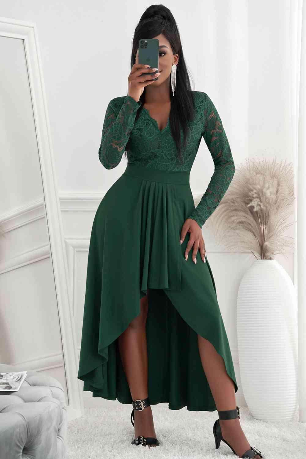 Lace High-Low V-Neck Dress for Elegant Evening Wear