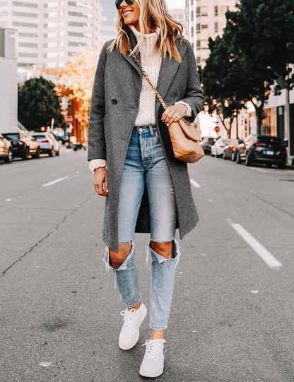 Wool Blend Pea Coat - Double Breasted Mid Length Trench Coat for Women