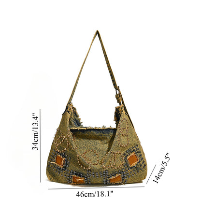 Large capacity hobo shoulder tote bag, retro denim bag, stylish crossbody bag, rivet design shoulder bag