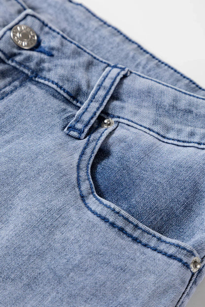 Beau Blue Button Zip High Waist Flared Hem Jeans