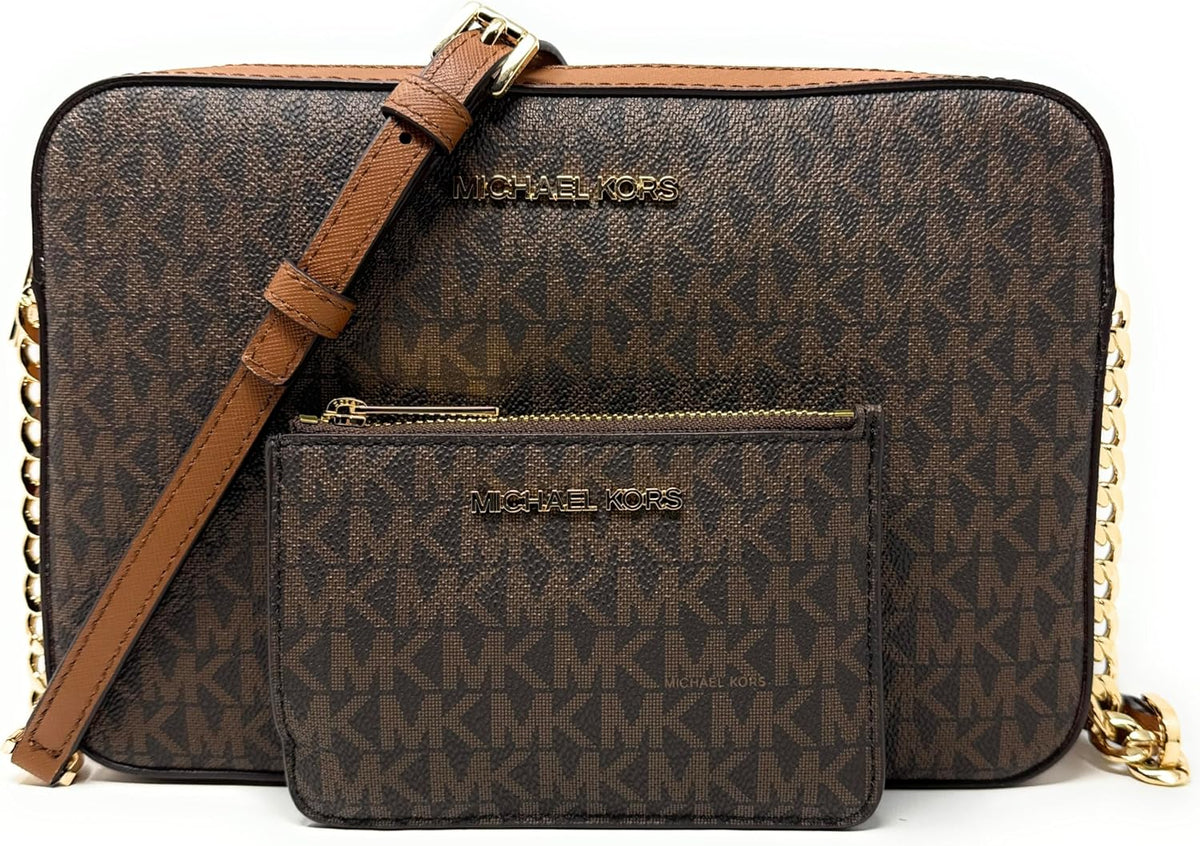 Michael Kors Jet Set Large Printed Logo Crossbody Bag With Matching Logo Coin Pouch (Brown)